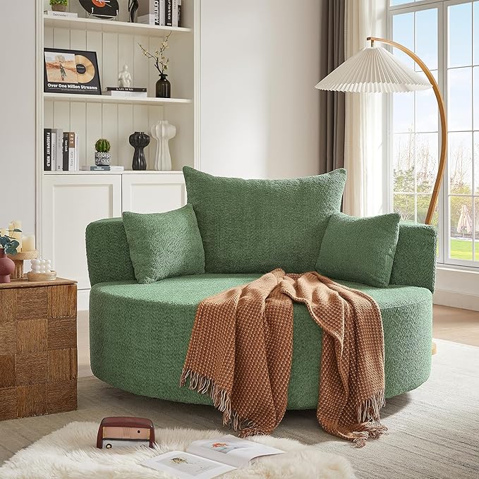 Oversized Round Swivel Chaise Modern 360°Swivel Barrel Chair with 3 Pillows Comfy Chenille Chaise Lounge Chair Indoor Single Cloud Circle Sofa for Living Room Bedroom Office (Green)
