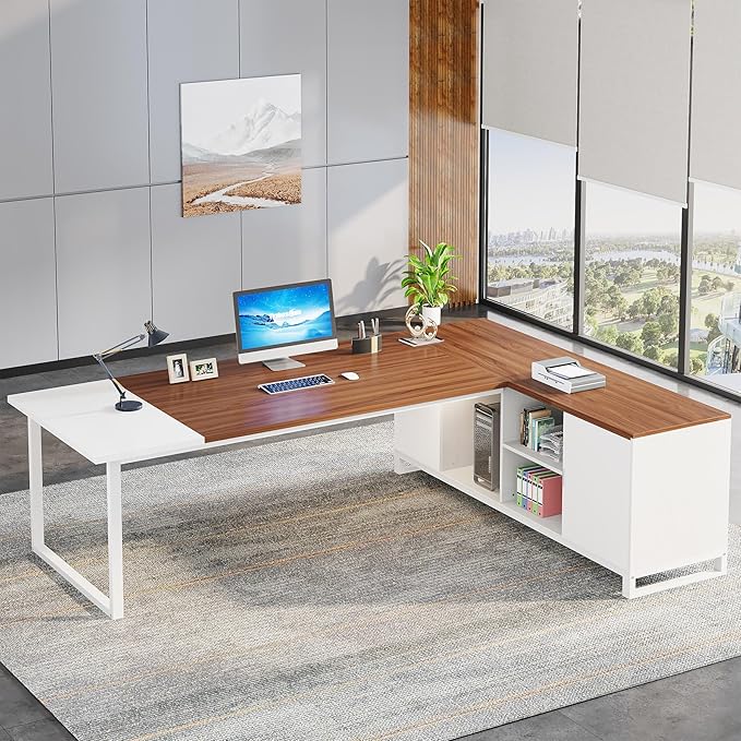 Tribesigns 70.8 L-Shaped Executive Desk with 55 File Cabinet Large Home Office Computer Desk with Storage Shelves and Cabinet Modern Business Furniture Set Home Office Walnut White