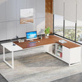Tribesigns 70.8 L-Shaped Executive Desk with 55 File Cabinet Large Home Office Computer Desk with Storage Shelves and Cabinet Modern Business Furniture Set Home Office Walnut White