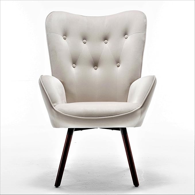 Chic Accent Arm Chairs for Living Room Bedroom or Home Office Button-Tufted Midcentury Armchair with Wingback Design and Splayed Legs Ivory