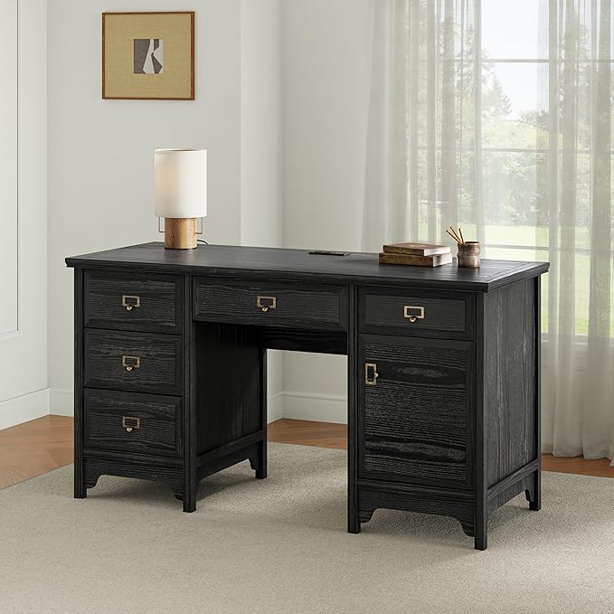 55 Farmhouse Executive Desk Solid Wood Painted Home Office Desk with Charging Station 5 Drawers Storage Cabinet Computer Writing Table for Work Study Writing Black