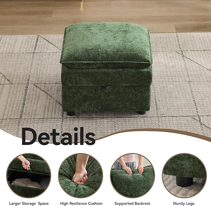 27 Large Square Ottoman with Storage Modern Upholstered Footrest with Anti-Slip Legs for Couch Coffee Table Living Room Bedroom Entryway Chenille Green