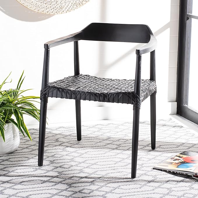SAFAVIEH Home Collection Munro Black Sungkai Wood/Black Leather Woven Accent Chair (Fully Assembled)