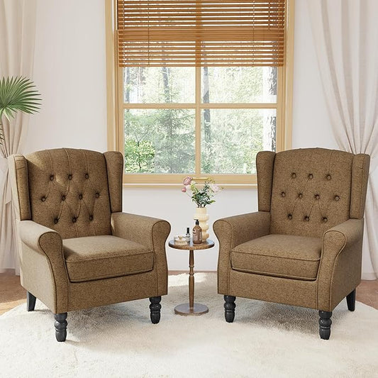 Accent Chairs Set of 2 High Back Upholstered Chair with Button Tufted Mid-Century Modern Comfy Wingback Chair Reading Armchair in Fabric for Living Room for Bedroom Office-Brown