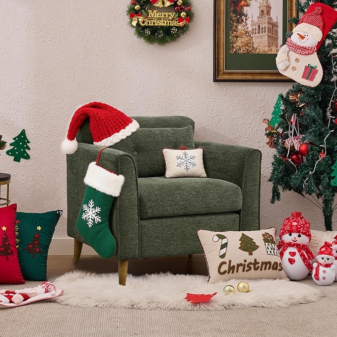 Modern Accent Chair with Wooden Legs Plush Fabric Armchair Cozy Reading Chair for Living Room Bedroom Study (Green Armchair)