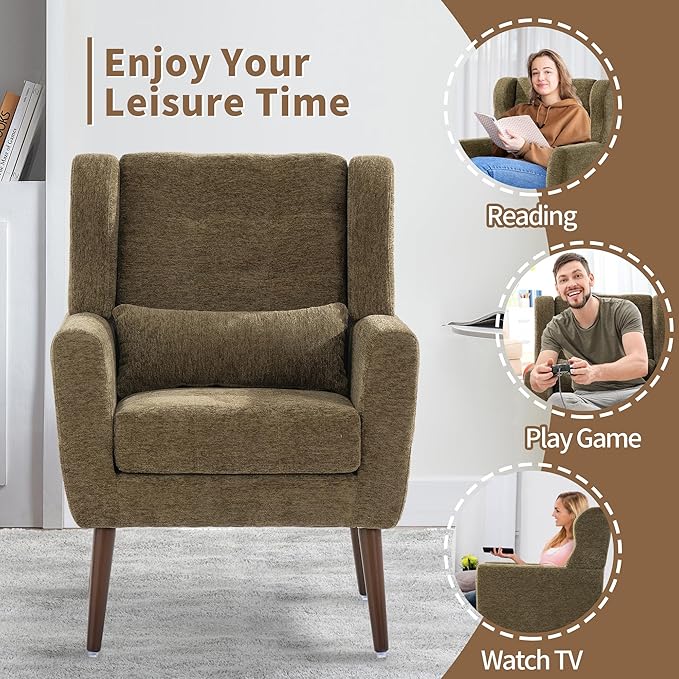 Modern Accent Chair Upholstered Arm Chair with Waist Pillow Single Sofa Chair for Living Room Bedroom Small Spaces (Olive)