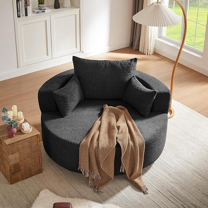 Oversized 360° Swivel Barrel Chair for Living Room Modern Comfy 56.3'' Round Boucle Reading Accent Chair with Extra Wide &amp Deep Seat Overstuffed Cushions Easy Assembly Polar Black