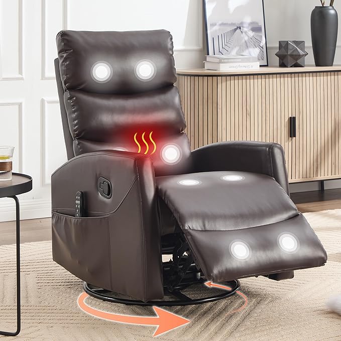 Luxlen Manual Swivel Rocker Recliner Chair with Massage Overstuffed Recliner Glider with Vibration Massage and Heat for Nursery Living Room Reclining Sofa Chair PU Leather Dark Brown