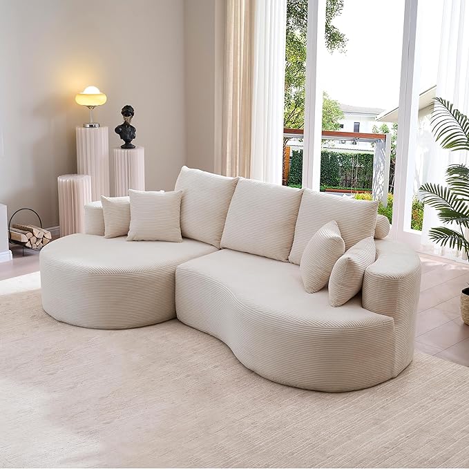 Merax 106 Fabric Cloud Curved Sofa 2 Piece Sectional Sofa with Chaise and 7 Pillows for Living Room Apartment Bedroom Full-Compressed No Assembly Required (Whitecap Gray)