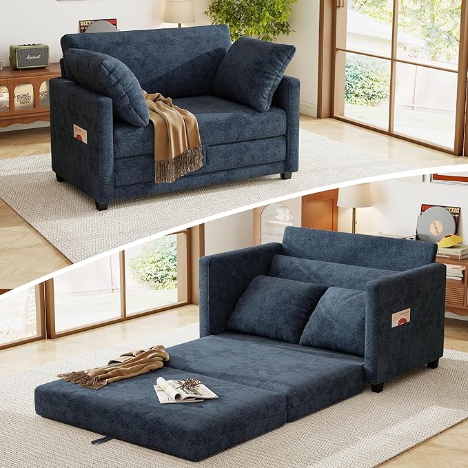 51 Loveseat Sleeper Sofa Bed Chenille Convertible Floor Sofa Bed for Small Spaces Folding Couch Bed with Deep Seat 2 Pillows &amp Solid Frame Pull Out Floor Couch for Living Room Blue