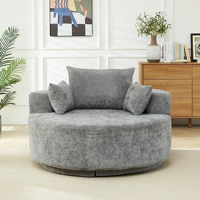 KEIKI 55 Oversized Swivel Accent Chair Chenille Barrel Chairs Upholstered Round Swivel Chair Single Sofa Armchair Sleeper Chair for Living Room Lounge Grey