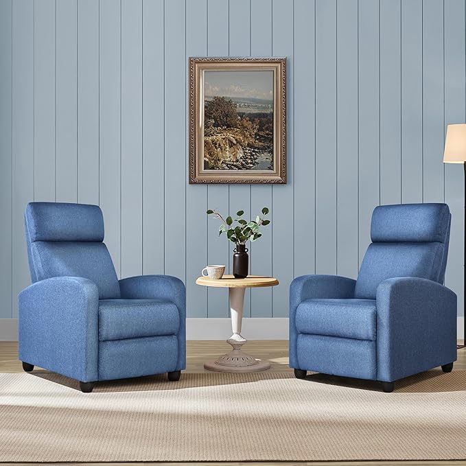 Yaheetech 2-Seat Fabric Pushback Recliner Chair with Thick Seat Cushion and Backrest Reclining Chair for Living Room Home Theater Light Blue