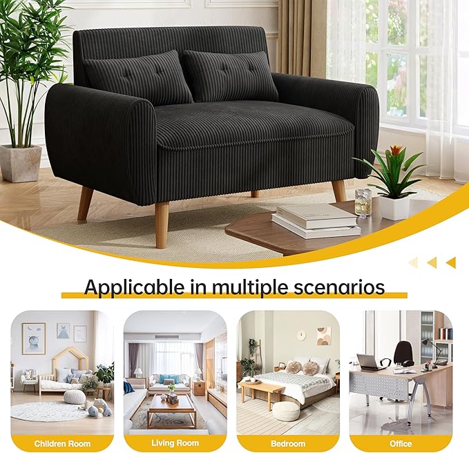 JAMFLY 47'' Small Loveseat Sofa 2 Seat Compact Couch with Tapered Legs Black Upholstered Furniture Solid Wood Frame Comfy Foam Cushion Easy Assembly for Small Spaces