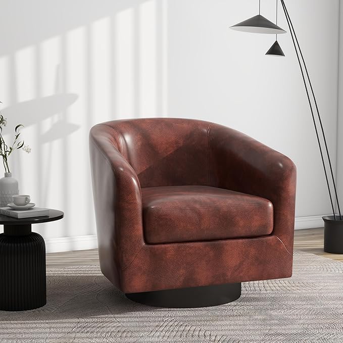Swivel Barrel Accent Chair Modern Round Faux Leather Arm Chair for Living Room Bedroom Comfy Club Reading Chairs for Adults(Faux Leather Red Brown Set of 1)