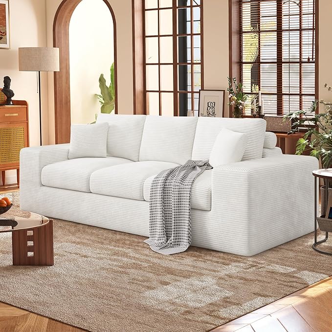 Nalupatio 91.7 Boneless Sofa Couch3 Seater Cloud Couch with Layered CushionUpholstered Corduroy Floor Sofa with Deep Seat &amp Removable Cover &ampThrow Pillows for Living RoomNo Assembly Beige