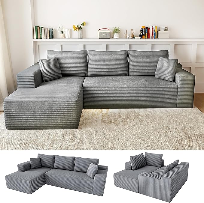 104 Cloud Sectional Couch with L-Shaped ChaiseModern Modular Sectional SofaCorduroy Boneless Couches for Living Room BedroomNo Assembly Required 3-Seater (Left Facing Chaise) Grey