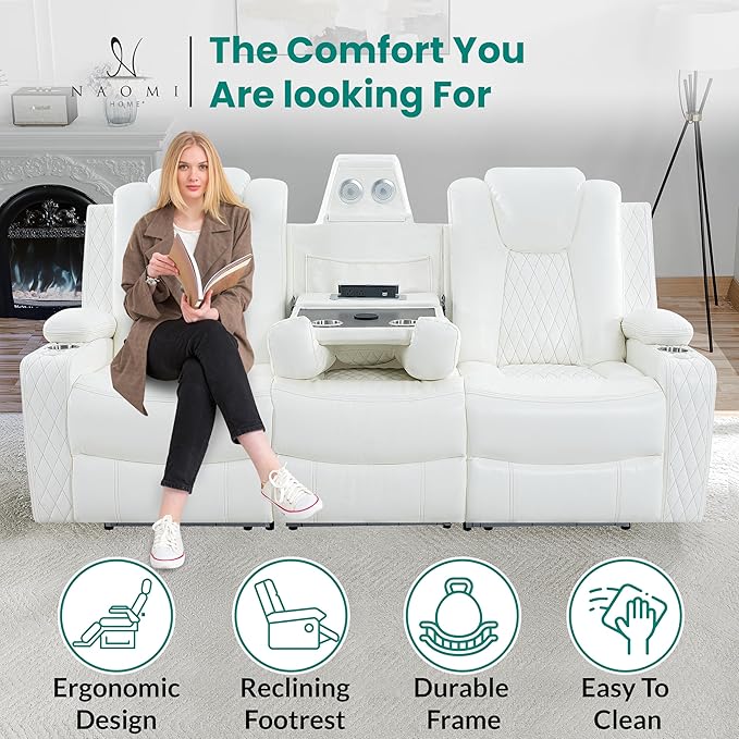 Chicago Home Theater Recliner Chair – Bluetooth Speakers Wireless Charging Power Recline Adjustable Headrest LED Lighting Cup Holders &amp Premium Faux Leather for Ultimate Comfort