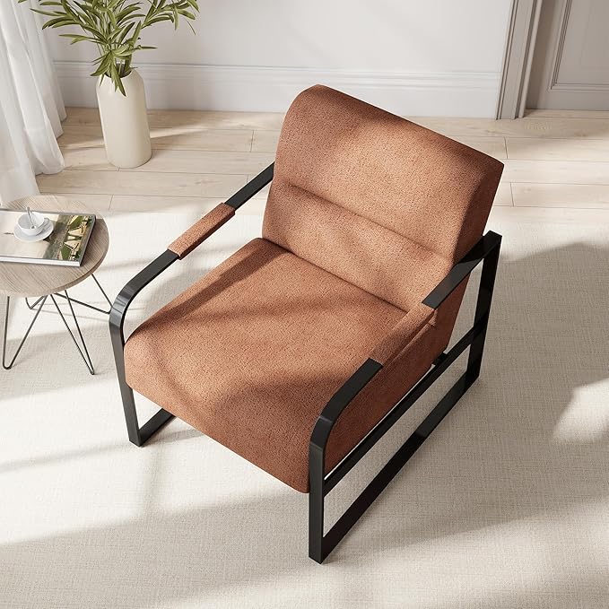 Mid-Century Modern Accent Chair Upholstered Lounge Armchair with Pocket Coil Cushion Metal Frame Reading Chair Brown