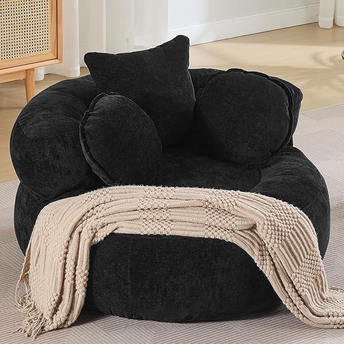 Round Oversized Chair Floor Sofa Chair Chenille Compressed Circle Chaise Lounge No Assembly Boneless Barrel Chair Lazy Bean Bag Couch Accent Chair for Living Room Bedroom DormBlack