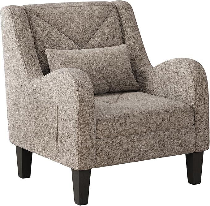 Maupvit Chenille Accent Chair for Living Room Bedroom Chair Comfy Reading Chair Upholstered Arm Chair Single Sofa Chair with Lumbar Pillow Mid Century Modern Chair for Small Spaces Grey