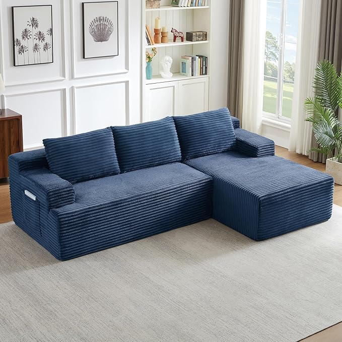 Modern Corduroy Modular Sectional Sofa96.1 Minimalist Style L-Shaped 3 Seat Couch with Side Storage PocketsComfortable Chaise Lounge for Living RoomReception AreaBlue Right Chaise Lounge