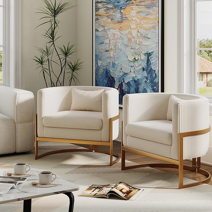 Alunaune Upholstered Velvet Accent Chair Barrel Chairs Modern Living Room Armchair Mid Century Lounge Chairs Sofa Tub Bucket Club Chair for Bedroom-Ivory