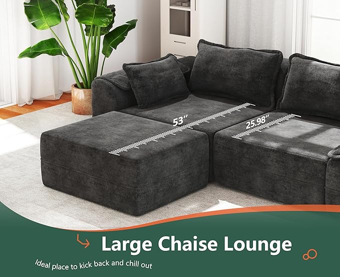 Hobestluk 120 Cloud Modular Sectional Couch 3-Seater Sofa with Ottoman L Shaped Sofa with Removable Cover Large Sofa Couch for Living Room (Dark Grey 3-Seater Sofa with One Ottoman)