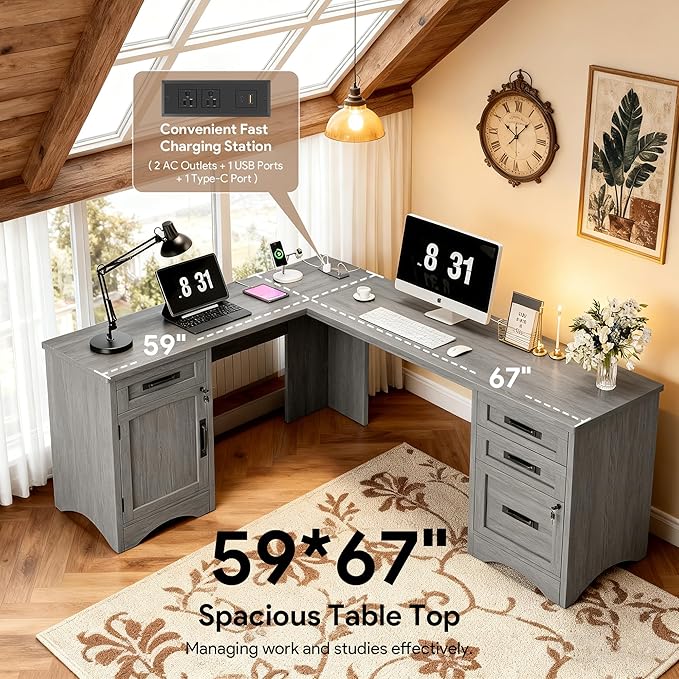 L Shaped Farmhouse Executive Desk with Drawers 67 Home Office Desks with Fast Charging Station Lockable File Cabinet Wood Writing Computer Desk for Work Study Grey
