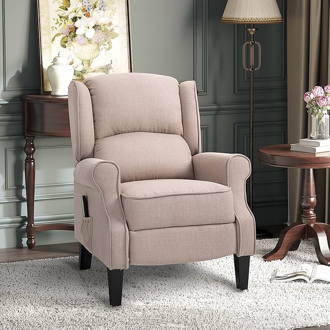 HOMCOM Vibration Massage Recliner Chair for Living Room with Heat Wingback Single Sofa Modern Linen Fabric Push Back Reclining Chair with Footrest Side Pocket Dark Beige