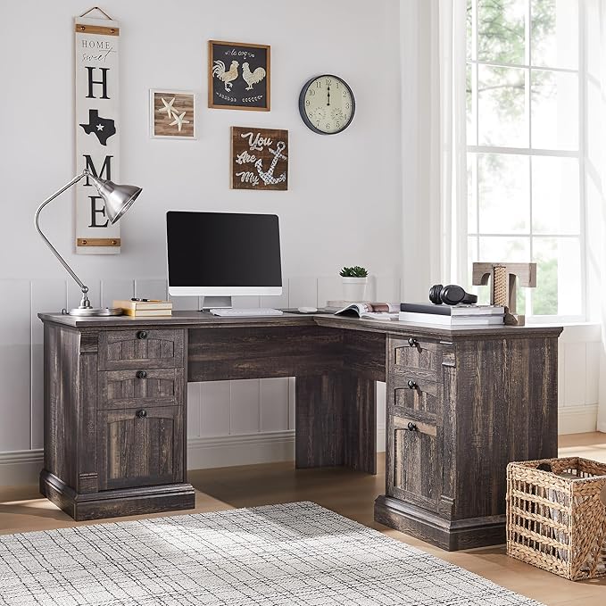OKD 60 L Shaped Executive Desk with Drawers Farmhouse Home Office Desk with Charging Station File Cabinet Storage Wood Corner Computer Desk for Work and Study Dark Rustic Oak
