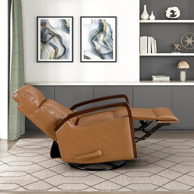 Lexicon 360 Degree Swivel Glider Reclining Chair Breathable Faux Leather Manual Recliner Comfy Nursery Glider Recliner Wood Arms Pull Handle for Living Room/Office/Bedroom/Apartment Camel Brown