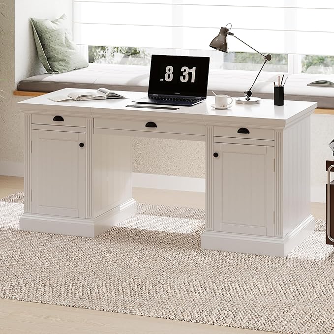67 Modern White Executive Desk Computer Desk with 2 Wooden Doors Storage Cabinet &amp 3 Drawers Rectangle Home Office Desk with USB Ports Writing Table &amp Workstation for Study (White)