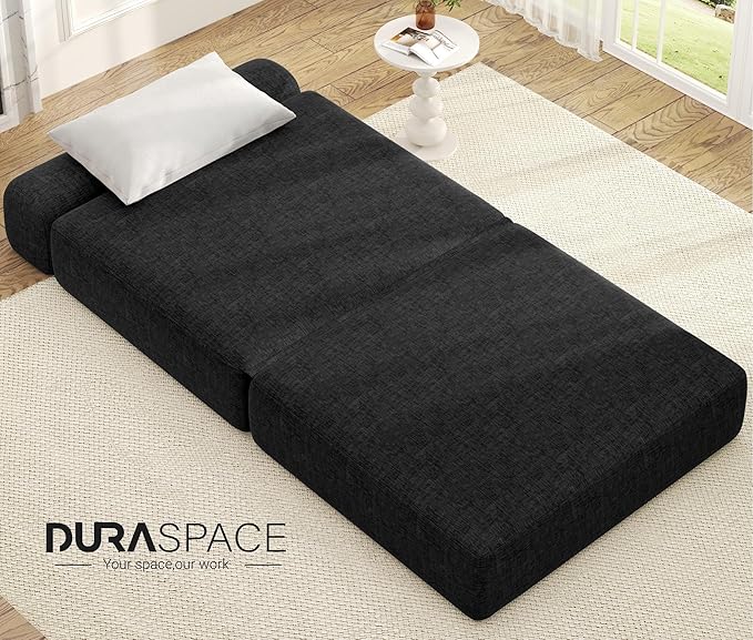 DURASPACE 39.2'' Folding Sofa Bed Floor Foldable Futon with Memory Foam Convertible Sleeper Chair with Back Support for Living Room (Chenille Black)