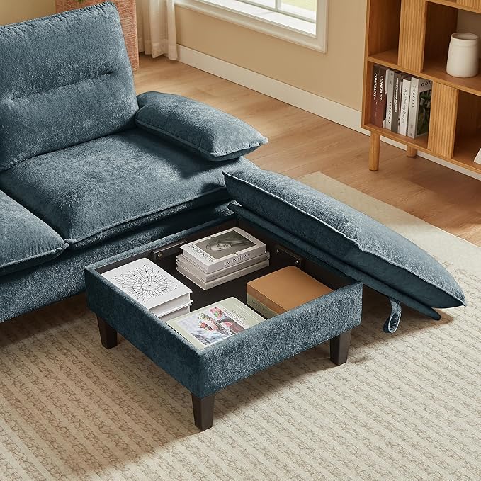 86'' Chenille Sofa with Storage Ottoman Modern Living Room Sofa with Removable Washable Cushion 3 Seater Comfy Couch for Apartment Bedroom Office (Dark Grey)
