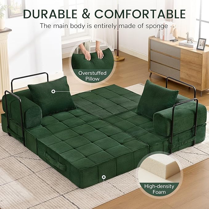 6-in-1 Convertible Sleeper Sofa Bed Corduroy Folding Mattress Couch with Fixed-Shape Frame Modular Foldable Boneless Couch Loveseat Couches with 2 Pillows for Living Room Bedroom Green