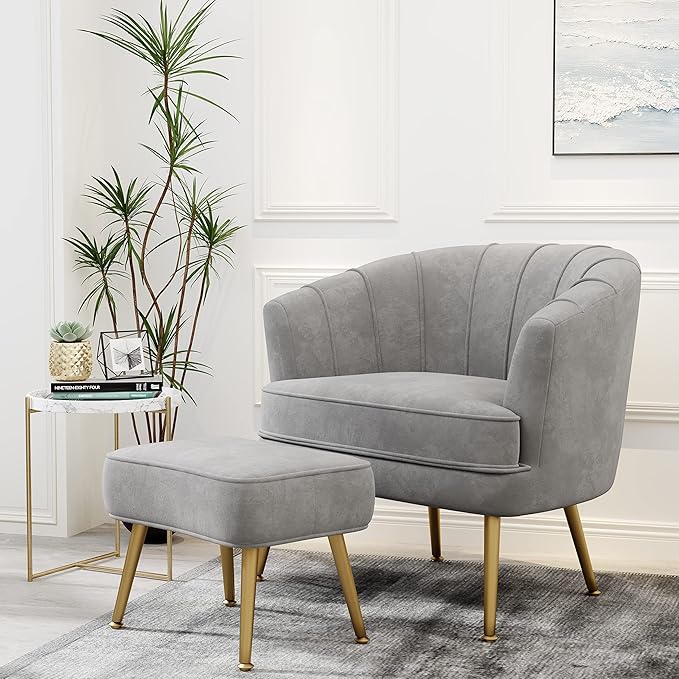 Andeworld Velvet Accent Chair with Ottoman Upholstered Modern Single Sofa Side ChairComfy Barrel Club Living Room Armchair with Golden Metal Legs for Bedroom Living Reading Room Office Grey
