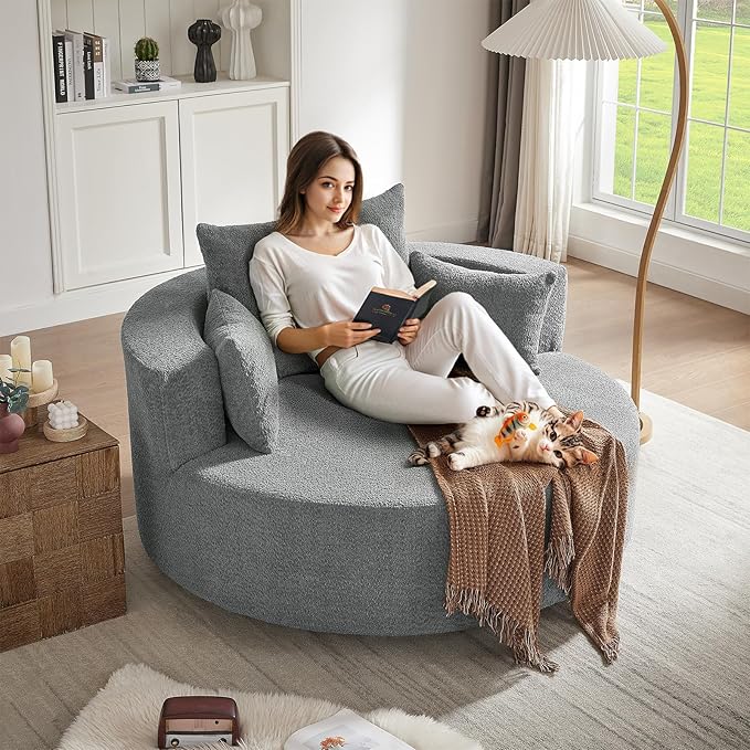 Antetek 360-Degree Swivel Accent Chair Oversized Modern Comfy Chenille Round Swivel Chaise Lounge Sofa Chair with Backrest Cushion &amp 2 Throw Pillows for Living Room Bedroom Office Gray