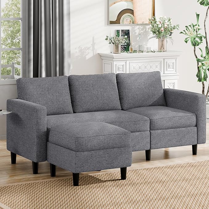 JAMFLY Sectional Sofa Couch Convertible L Shaped Sofas with Ottoman Small Sectional Couches for Living Room 3 Seater Couch for Small Spaces Dark Grey