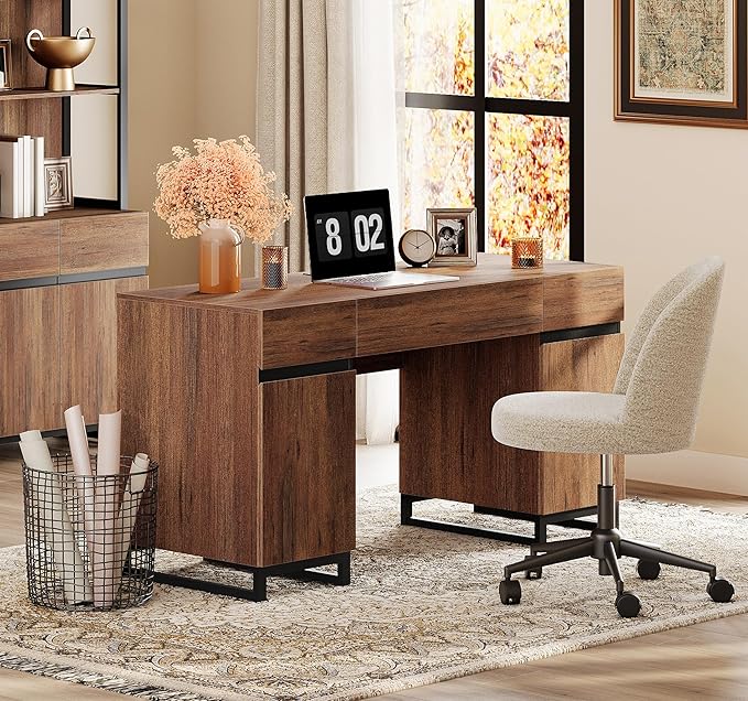 WAMPAT 59 Modern Executive Desk with Drawers Home Office Computer Desk with Charging Station File Drawer Storage Cabinet Wood Writing Desk for Work and Study Dark Brown