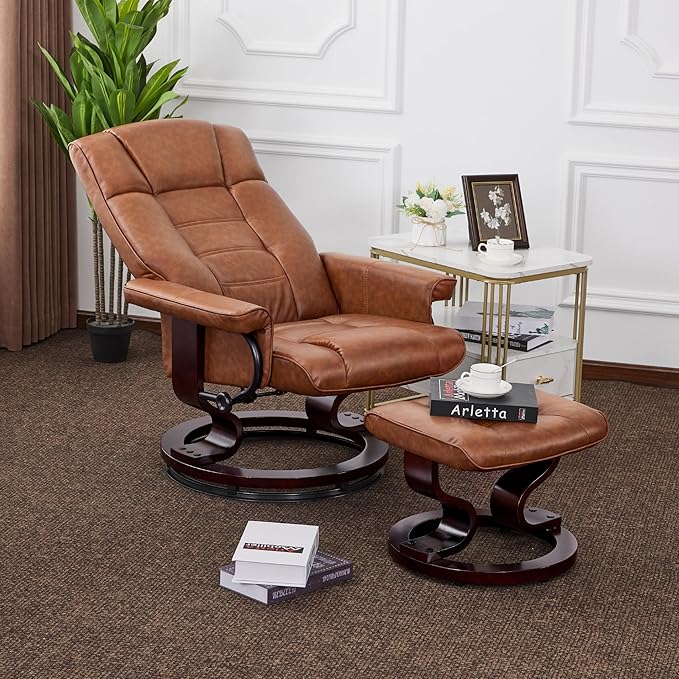 MCombo Manual Swivel Recliner with Ottoman Chair Ottoman Set for RV Small Spaces Living Room Bedroom Office 9019 4919 (Faux Leather Saddle)