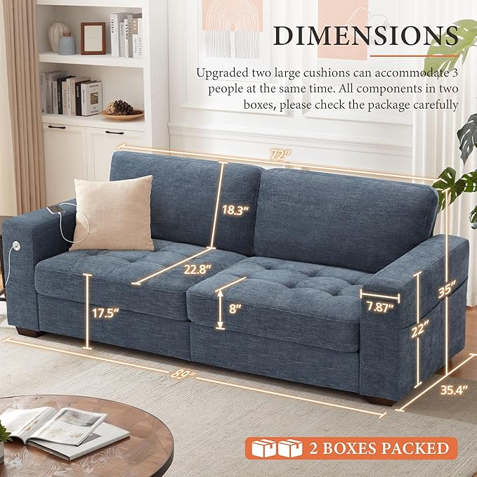 Ihanherry 2-Seater Couch with Extra Large Sofa Seat Width &amp Depth USB/Type-C Charging Port &amp Side Pocket Modern Sofa for Living Room Removable Medium Firm Cushion Breathable Chenille(89inc