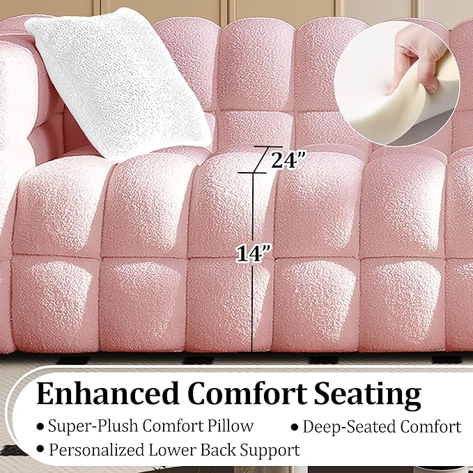 Modern Boucle Loveseat Couch for Living Room 61'' Sherpa Upholstered Sofa Couch Comfy Cloud Deep Seat Sofa Luxury Minimalist Plush Fluffy Couch for Small Apartment Office 2 Pillows Pink