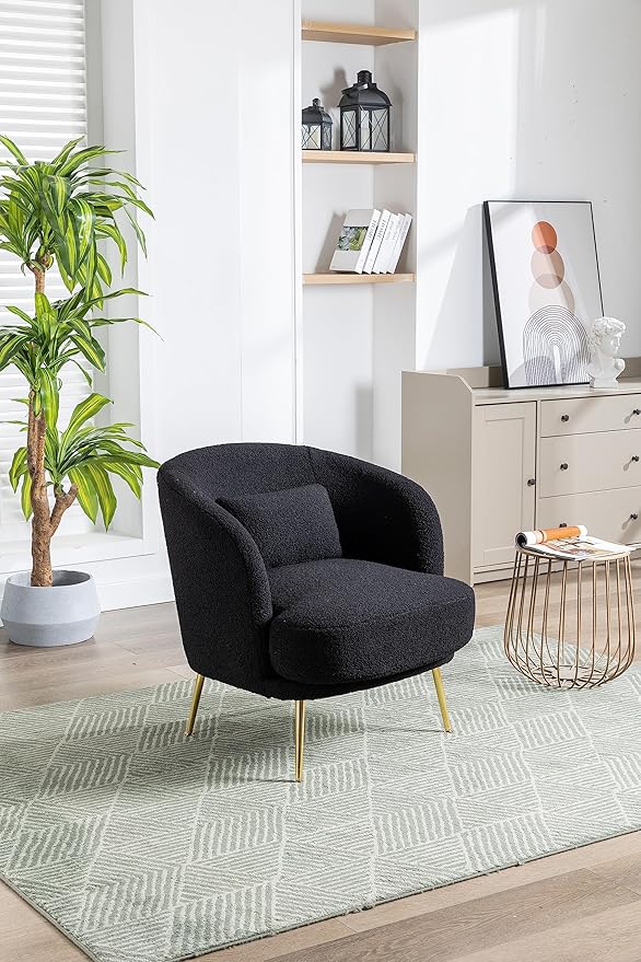 30.32 W Accent Chair Upholstered Curved Backrest Reading Chair Single Sofa Leisure Club Chair with Golden Adjustable Legs for Living Room Bedroom Dorm Room (Black Boucle)