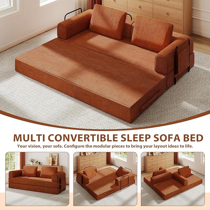 All-in-1 Folding Convertible Sofa Bed Boneless Futon Floor Couch Corduroy Fold Out Modular Lounge Comfy Loveseat Sleeper Lazy Cama for Living Room Bedroom Guestroom Orange（Narrow Stripes）