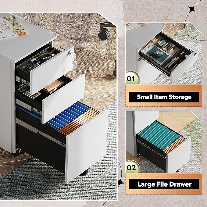 DEVAISE 3 Drawer Vertical File Cabinet with Lock Under Desk Mobile Metal Filing Cabinet for Home Office Fit Legal/Letter/A4 File Fully Assembled Except Wheels White
