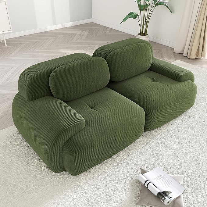 Modular Sectional Sofa Boneless Couch Corduroy Cloud Couch Modern Deep Seat Sectional Couches for Living Room 82 Loveseat Apartment Sofa Small Couches for Small Spaces No Assembly(Green)