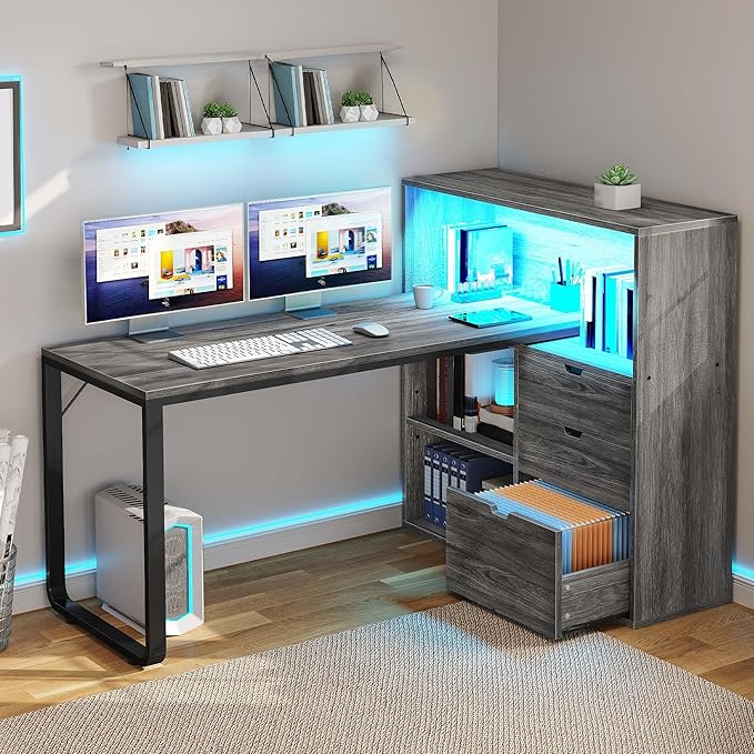 DWVO L Shaped Desk with Drawers 55 Corner Computer Desk with Bookshelf &amp Power Outlets &amp LED Lights Home Office Desk with Storage Shelves Grey