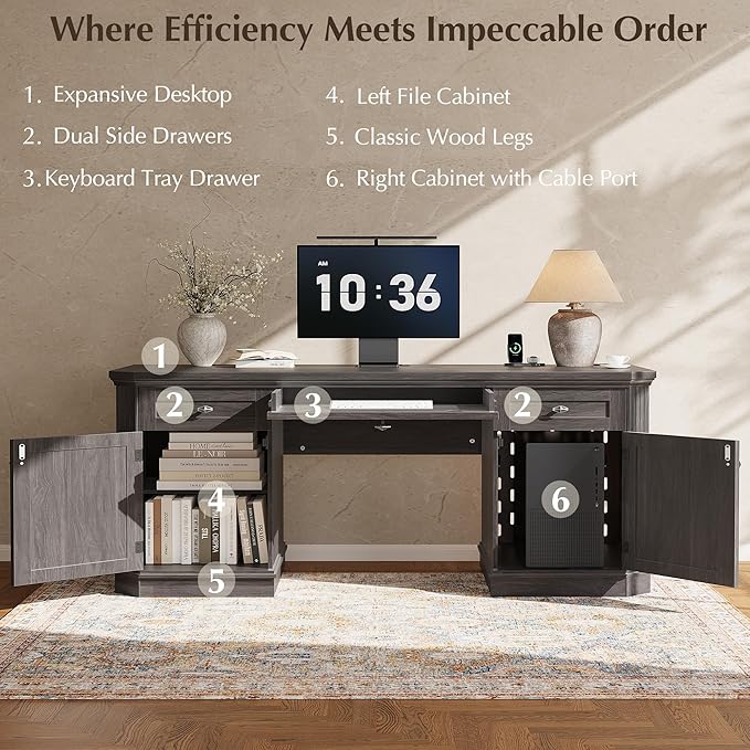 59 Classic Executive Desk with Storage Victorian Executive Desk with Charging Station Keyboard Tray 3 Drawers &amp 2 Cabinet Storage &amp 2 Pedestals Easy Assembly Black