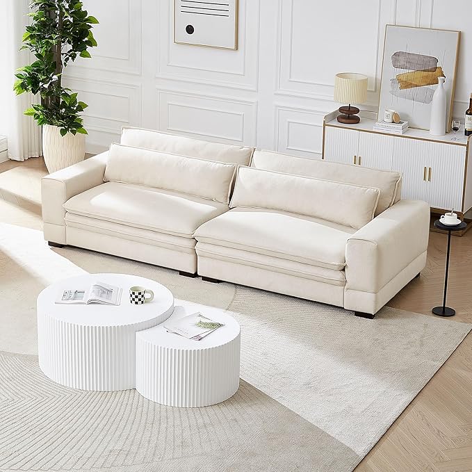KEIKI 105 Oversized Upholstered Cloud Comfy Sofa with Seat Cushions and Backrest Modern 4-Seater Corner Fluffy Couch with Solid Wooden Legs Easy Assembly for Office Apartment Living Room Beige