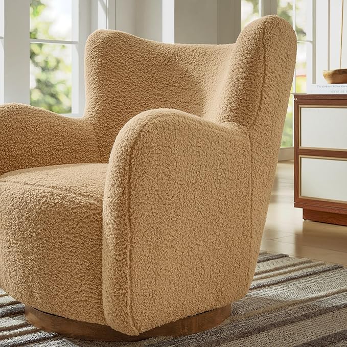 Modway Montrose Swivel Wingback Accent Chair in Camel Walnut Sherpa Teddy Fabric – Modern Furry Barrel Chair with 360-Degree Swivel Base – Soft and Comfy Living Room Chair
